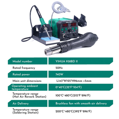 YIHUA 938BD-II 740W Hot Air Gun Rework and Solder Station with LED Lamp